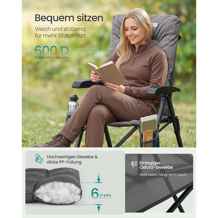 Складаний туристичний стілець SONGMICS для відпочинку та риболовлі, сірий, з регульованою спинкою та кишенями