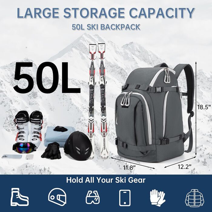 Рюкзак для лиж та сноуборду 50L з кишенями для черевиків, шолома, окулярів, рукавичок та аксесуарів, сірий