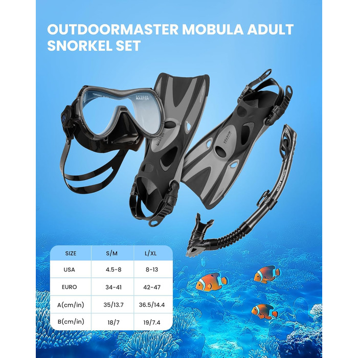 Набір для снорклінгу OutdoorMaster Mobula для дорослих: маска, трубка, ласти. Сірий/Чорний, S/M. Панорамний огляд, антизапарник, суха трубка