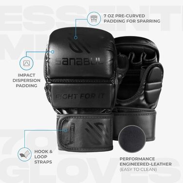 Рукавички для MMA Sanabul Essential 7oz | Тренувальні рукавички для змішаних єдиноборств | Гібридні спарингові рукавички (Чорні, S/M)