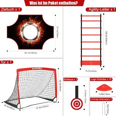 Набір для тренування воріт Kinder Fussballtore 3 в 1 з ціллю, мішенню, конусами та сумкою. Розмір 120x90x90 см. Червоно-чорний, для залу, вулиці та саду.