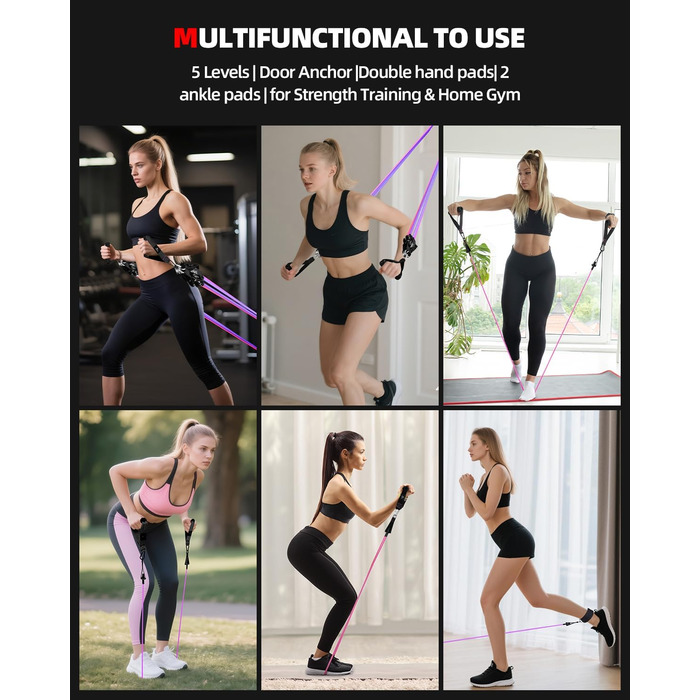 Набір еластичних стрічок Abahub для фітнесу з дверним кріпленням, ручками та петлею для ніг – для тренувань всього тіла, домашній спортзал, ідеально для початківців та досвідчених (Рожевий, 100LB)