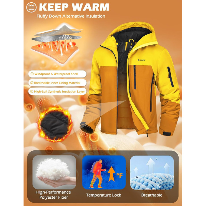 Чоловіча лижна куртка GEMYSE з інтегрованими підтяжками та капюшоном. Тепла водонепроникна зимова куртка-вітрівка для сноубордингу та хайкінгу. Розмір XXL. Кольори: золотисто-жовтий та реальгар-коричневий