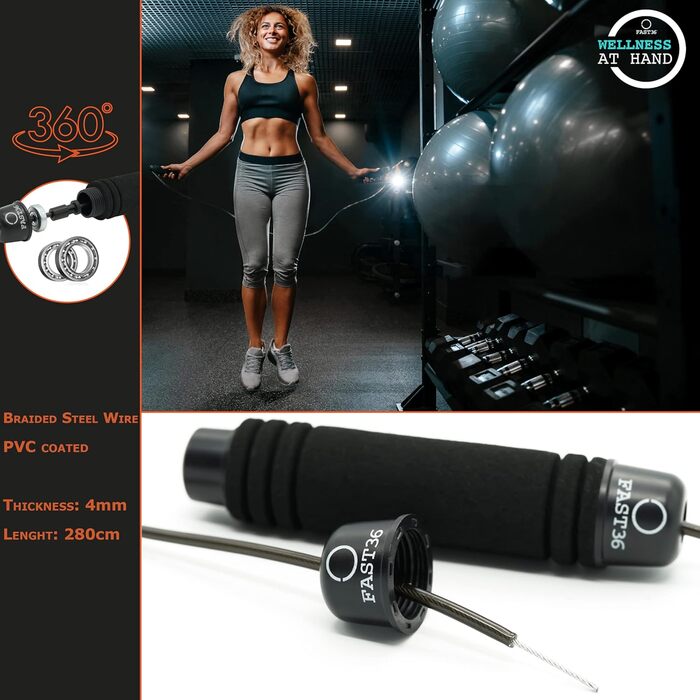 Стрибкове канат FAST36 для дорослих: професійний, регульований, з м'якими ручками та підшипниками. Ідеально для фітнесу, боксу та схуднення. Чорний.