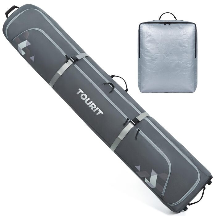 TOURIT Набір для перевезення лиж та черевиків: валіза для лиж на 2 пари (195 см), водонепроникний матеріал 900D Oxford, з колесами, сірий