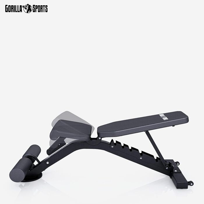 Гантельна лава GORILLA SPORTS® з регулюванням спинки (8 положень) та сидіння (3 положення), 156x51x114 см, до 400 кг, мультифункціональна, з підставкою для ніг. Підходить для тренувань спини, ніг та пресу.