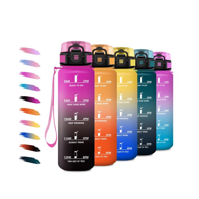 Спортивна пляшка 1л з маркуванням часу, фільтром, для газованої води, велосипеда, бігу, дорослих, 1000 мл, фіолетово-чорна