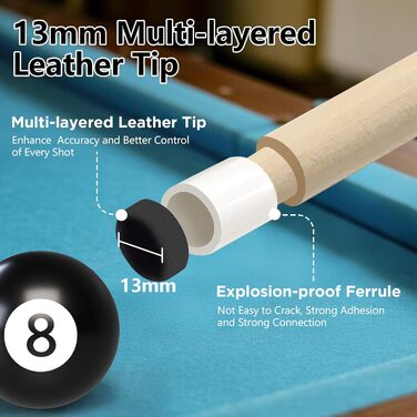 Більярдний кий 20oz, 58' професійний, 13mm вершина, для більярдного столу, 8/9 куль, синій