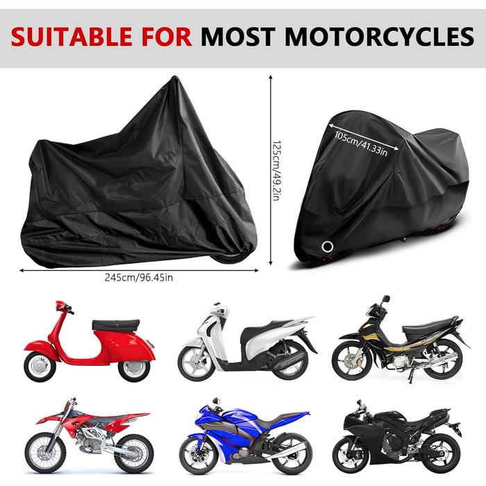 Водонепроникна захисна накидка для мотоцикла Motorrad, 210D, UV-захист, зимова, чорна, XXL (245x105x125 см)