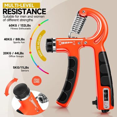 Набір для тренування рук Flintronic: тренажер зап'ястя з лічильником, регулювання ваги 5-60 кг, фітнес, альпінізм, силові тренування, реабілітація рук. Оранжевий, 5 шт.