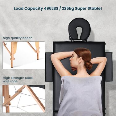 Складаний мобільний масажний стіл BODIOO з дерев'яними ніжками, 2 зони, регульована висота, до 250 кг, чорний