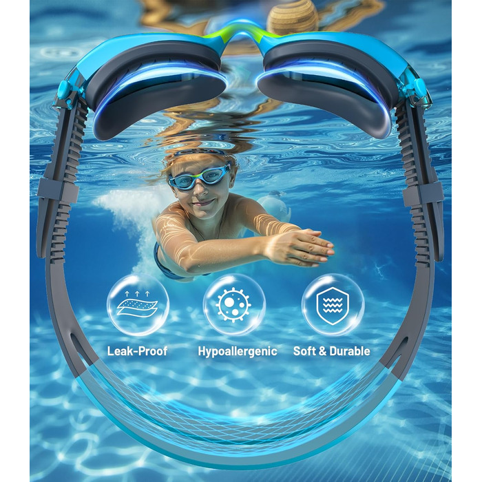 Дитячі окуляри для плавання Schwimmbrille: захист від УФ-променів та запобігання запотіванню, водонепроникні, для хлопчиків та дівчаток 6-14 років, сині + темно-сині