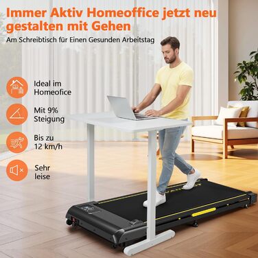 Walking Pad VANNECT - компактний біговий тренажер для дому з регулюванням нахилу, LED-дисплеєм та пультом керування. Максимальне навантаження 150 кг, потужність 2.75HP, жовтий. Без збирання.