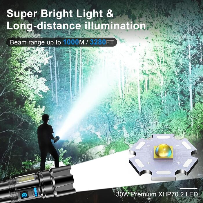 Ліхтарик тактичний LED AIUNAOM 500000 люмен, акумуляторний, водонепроникний IPX6, 9 режимів для кемпінгу, походів, надзвичайних ситуацій