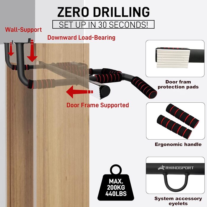 RHINOSPORT Турнік для дверного прорізу – турнік для підтягувань на двері з багатохватним грифом – без свердління, нековзке покриття до 200 кг (440 фунтів) – для дверей 65-92 см