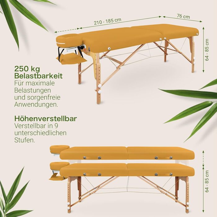 Zen Mobile Масажний стіл: компактний, складний, регульований. З кутовими закругленнями, підголівником, підлокітниками та кишенею (Сафранове жовте)