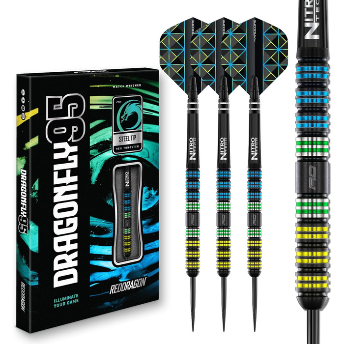 Професійні дартси Red Dragon Dragonfly 95, 95% вольфрам, сталевий наконечник, набір з оперенням і шафтами, вага 22-26 г