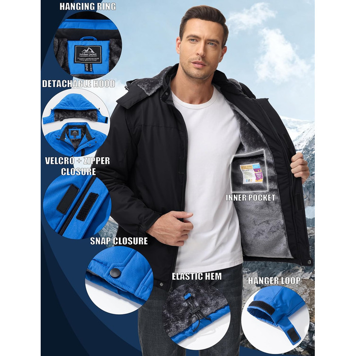 Чоловіча куртка MAGCOMSEN для сноубордингу та катання на лижах, тепла флісова куртка, водонепроникна, вітрозахисна, для активного відпочинку, знімний капюшон, чорний, XL