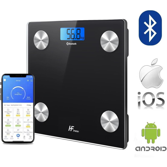 Інтелектуальна вага для тіла з Bluetooth, HFitness, вимірювання жиру, BMI, iOS/Android, чорний колір з блакитною підсвіткою