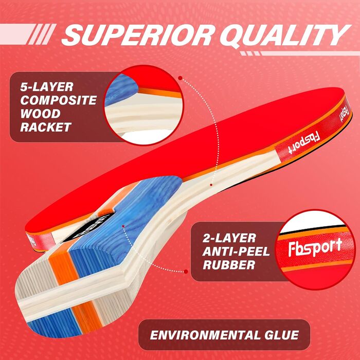 Набір для пінг-понгу FBSPORT: 4 ракетки, 8 м'ячів, сітка та сумка. Підходить для гри в приміщенні та на вулиці