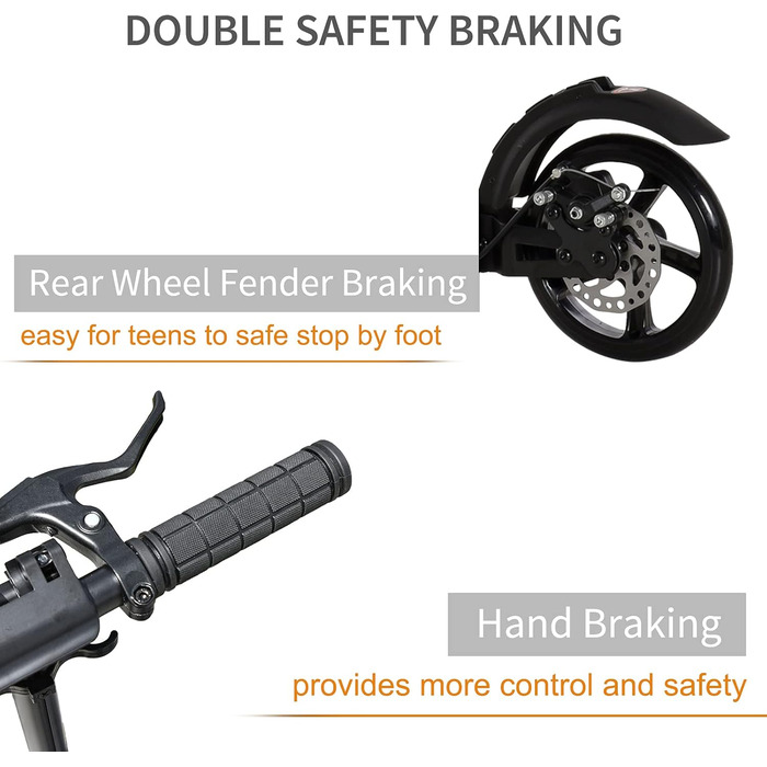 HOMCOM Скутер кикборд складаний, чорний, для підлітків та дорослих, до 100 кг, з двома гальмами та подвійною підвіскою