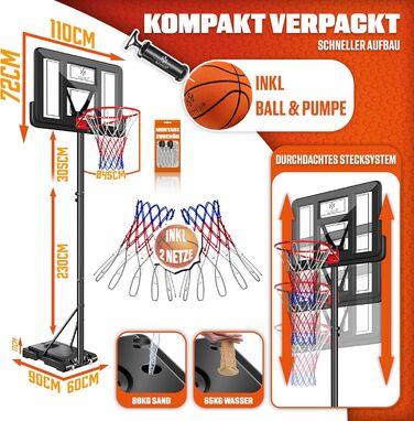 Курка баскетбольна KESSER® Outdoor зі стійкою та колесами. В комплекті 2 сітки, м'яч та насос. Регульована висота 230-305 см. Чорний колір. Підходить для дорослих та дітей.