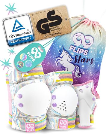 Дитячий набір захисту 99FLIPS для скейтборду та роликів (6 шт, сертифікат TÜV Rheinland, розмір S/M, 7-12 років, магічний срібний, з сумкою-єдинорогом) — наколінники, налокітники, захист для рук