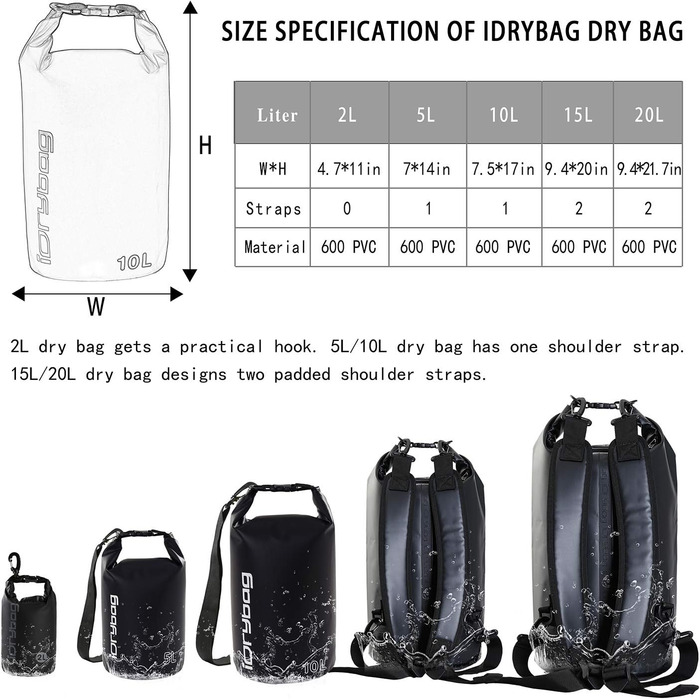 Водонепроникний мішок IDRYBAG 20L: для каякінгу, сплавів, відпочинку на пляжі та подорожей