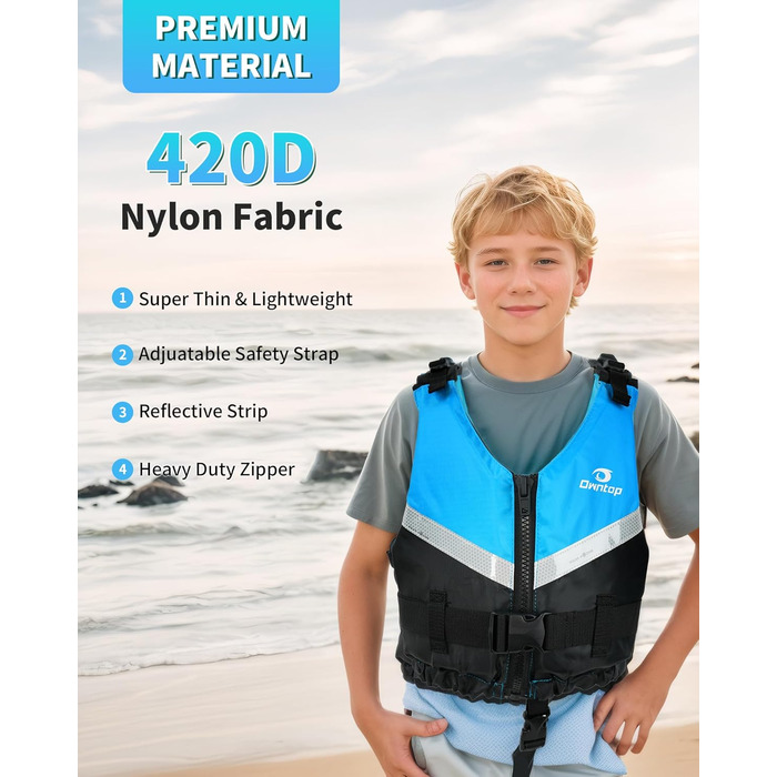 Owntop Плавальна жилетка для підлітків та дітей, унісекс, регульована, для каякінгу, риболовлі, плавання, водних видів спорту. Синій, розмір Jugend-XXS (30-40 кг, 70-80 см)