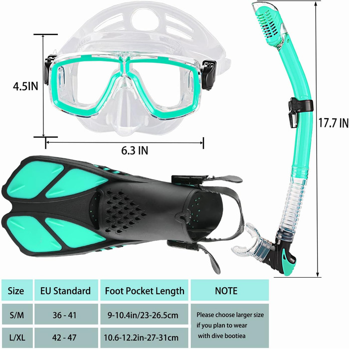 Набір для снорклінгу для дорослих з ластами, маскою та сухим трубкою Aquagrün S/M (36-41)