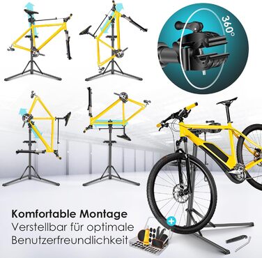 Підставка для велосипедів KESSER® Profi Alu: для ремонту та збирання гірських, електровелосипедів. 360° обертання, сумка, ремкомплект, магнітний органайзер для інструментів (антрацит)