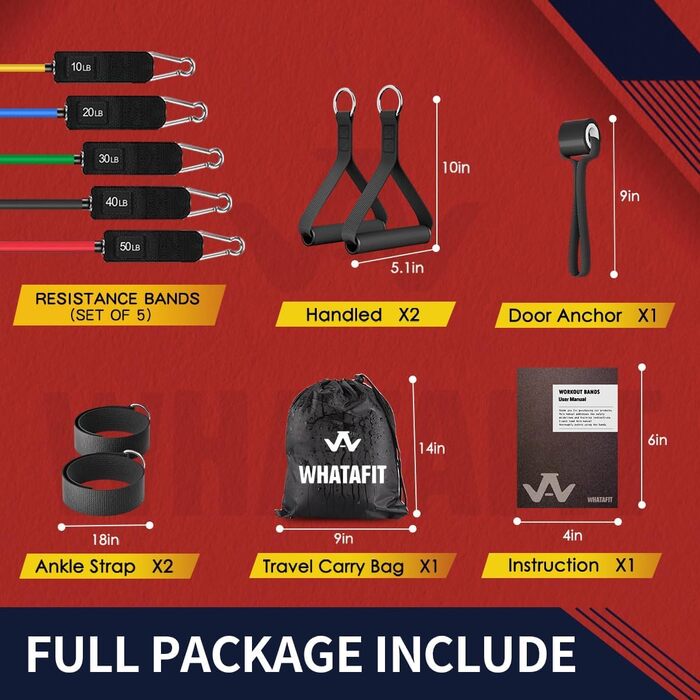 Набір еластичних стрічок WHATAFIT для фітнесу та реабілітації, з дверним кріпленням, ручками та сумкою
