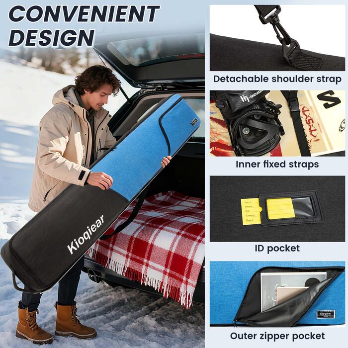 Сумка для сноуборда та черевиків Kioqiear з підкладкою, підходить для сноуборда до 165 см та черевиків розміру до 45, включає сумку для сноуборда та сумку для черевиків (Blau)
