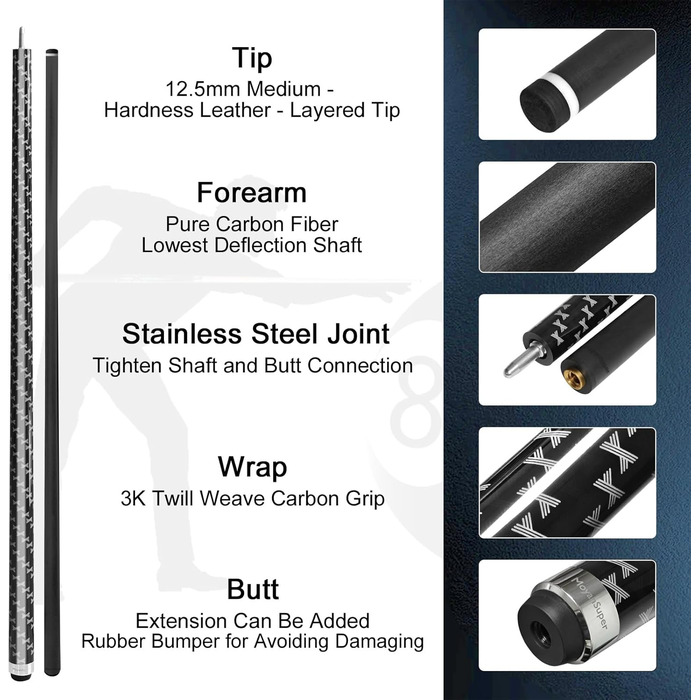 Професійний більярдний кий Billardqueue з карбону, низький упор, з кейсом та аксесуарами, 12.5 мм наконечник, 147.3 см, 567-595 г