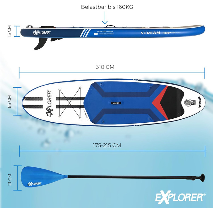 Надувна SUP-дошка EXPLORER STREAM 10.2, комплект до 180 кг, з алюмінієвим веслом, рюкзаком, насосом, плавцем та ремнабором
