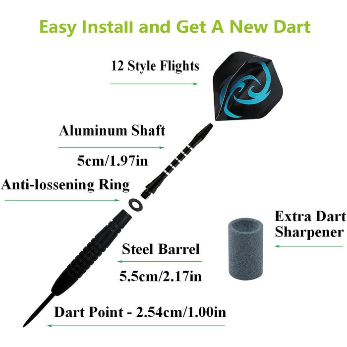 Сталеві дротики Dartpfeile (12 шт) 23г: Професійний набір для дартсу з металевим вістрям, алюмінієвим стеблом та 40 пір'ями