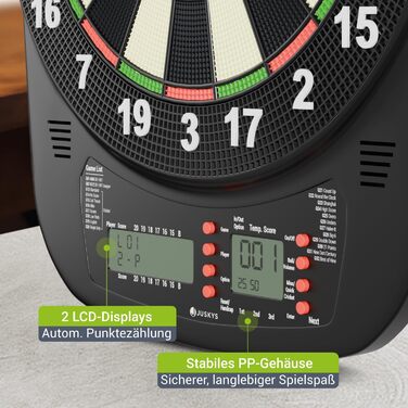 Електронний дартс Juskys з 32 іграми, LCD-дисплеєм, USB-C, стрілки та аксесуари, до 8 гравців, живлення від мережі та батарей
