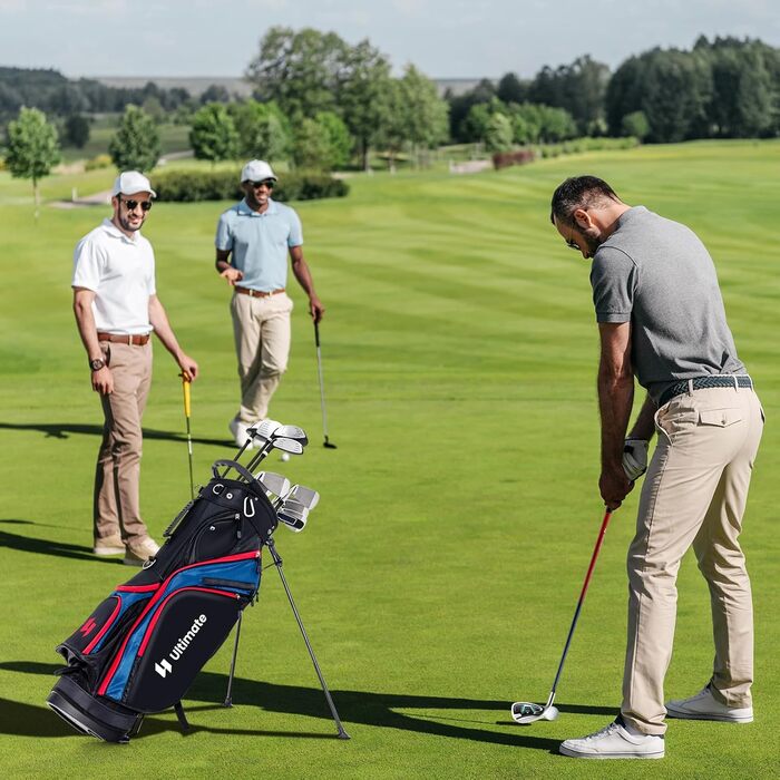 GYMAX Комплект гольф-клубу для чоловіків, повний набір гольф-клубу з драйвером #1, фейрвеєм #3, гібридом #5, залізом #5, #6, #7, #8, #9, #P, #S, паттером, 3 чохлами та переносною сумкою, блакитний