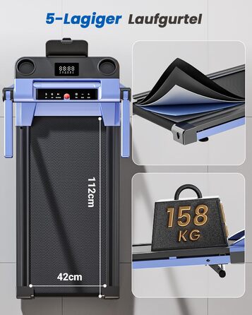 Складне бігове полотно для дому Klappbar 16 km/h, Walking Pad Foldable з нахилом 6%, бігове полотно 158 KG велика площа бігу 112 * 42cm, бігове полотно тихе для дому та офісу (Синьо-Чорний)