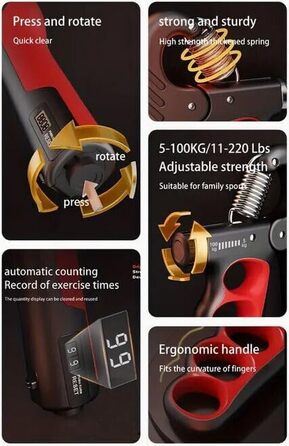 Регульований тренажер для кисті та передпліччя з лічильником навантаження 5-100 кг, механічний тренажер для сили, реабілітації, скелелазіння, фітнесу та зняття стресу (червоний)