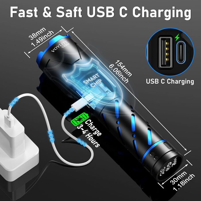 Ліхтар LED акумуляторний Voylite 500000 люмен з LCD-дисплеєм, 5000 mAh, 3 режими, Zoom, для кемпінгу та відпочинку на природі (чорний)