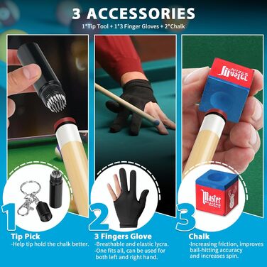 Професійний більярдний кий Bvrocio з кейсом, комплект: кий з акації, чохол, рукавички, вентилятор, крейда, 13 мм наконечник, 147.3 см, 540 г