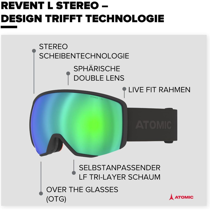 Гірськолижна маска ATOMIC REVENT L STEREO з антивідблиском, подвійною лінзою та Live Fit, дзеркальна, чорна