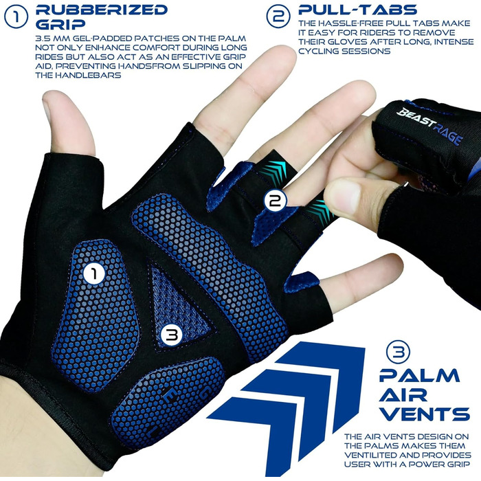 Велосипедні рукавички BEAST RAGE для жінок та чоловіків, дихаючі, безпальцеві, з антиковзким покриттям, амортизація, підходить для шосе, MTB, гірського велосипеда, білого кольору (BLAU, XL)