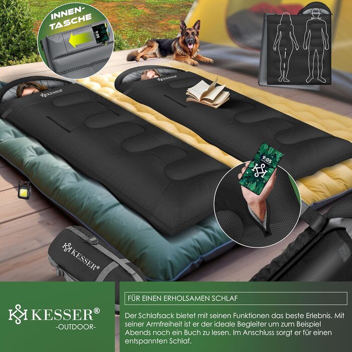 Сплячий мішок KESSER® Outdoor | Дека-сплячий мішок 3-4 сезони | Спальний мішок для дорослих та дітей | Легкий, теплий, водонепроникний | з ліхтариком та кишенькою, чорний, 220 x 83 см