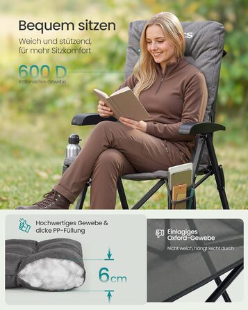 Складаний туристичний стілець SONGMICS для відпочинку та риболовлі, сірий, з регульованою спинкою та кишенями