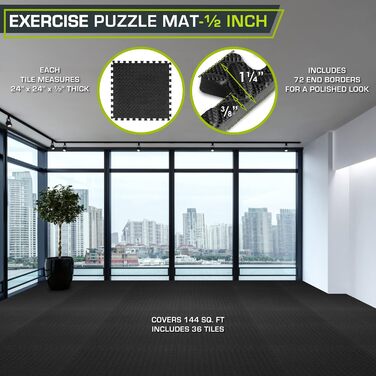 Підлогове покриття ProsourceFit Puzzle ½ дюйма, EVA-піна, з'єднувальні килимки для домашнього спортзалу та тренувань, мати для обладнання, підкладка для дітей, чорний, 60х60 см, 144 кв.фути, 36 плиток