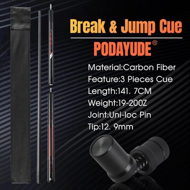 PODAYUDE Біліардний кий 'Маленький монстр' з карбону, 3 частини - кий для брейка та джампа, 12.9 мм наконечник, сумка з PU шкіри