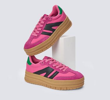 Кросівки LUCKY STEP Plateau Sneaker для жінок - платформа, канвас, ретро стиль, низький профіль, комфортні для повсякденного носіння, бежево-зелені (36 EU, фуксія, чорний)