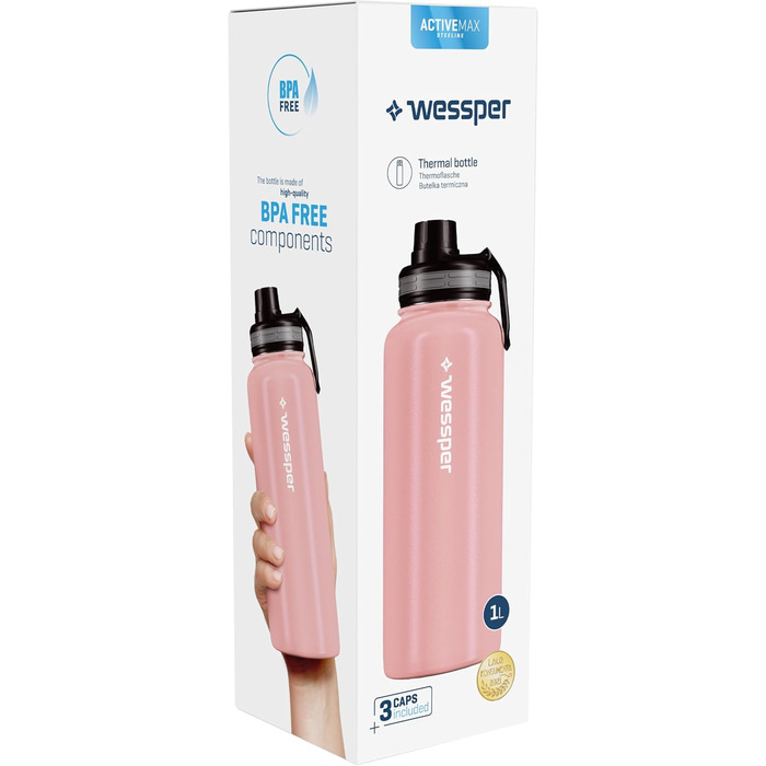 Термос Wessper 1000 мл з нержавіючої сталі, герметичний, BPA-free, 3 кришки, рожевий, для спорту, дітей і дорослих, для кемпінгу, велосипеда, outdoor